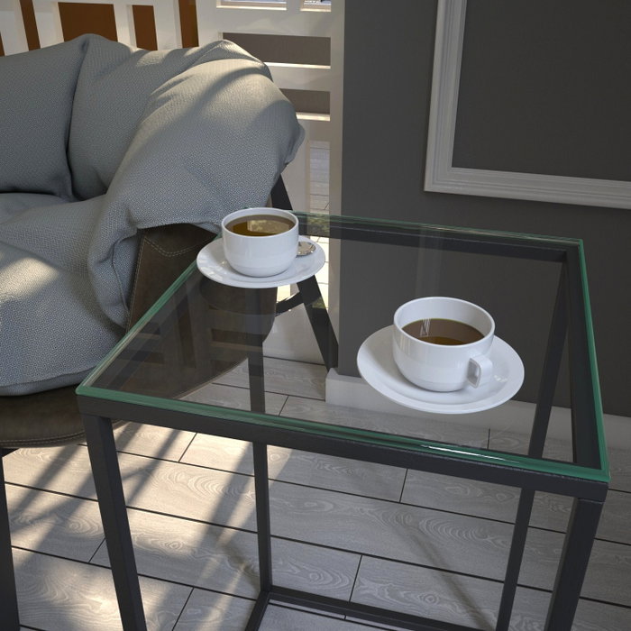 Hanah Home Mesa Auxiliar Antracita con Tapa de Cristal y Patas Metálicas, 35x62x35 cm